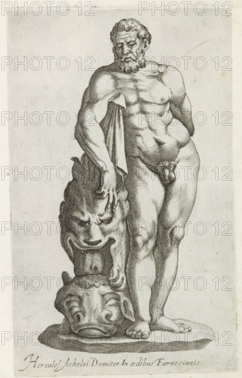 Sculpture of Hercules leaning on the bull of Crete, Sculptures from antiquity, print, album page,