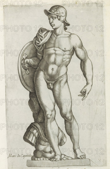 Sculpture of Mars, Sculptures from antiquity, print, album page, Caption in Latin. Print is part of