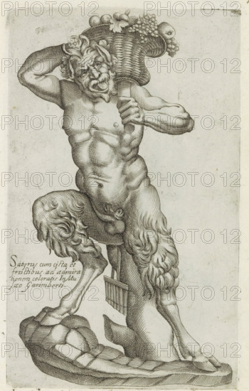 Sculpture of a satyr, Sculptures from antiquity, print, album page, Caption in Latin. Print is part