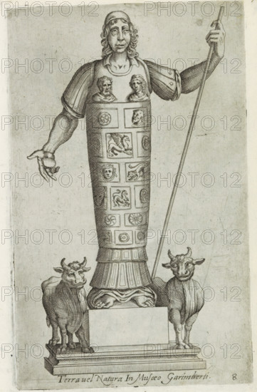 Sculpture of a shepherd between two oxen, Sculptures from antiquity, print, album page, Caption in