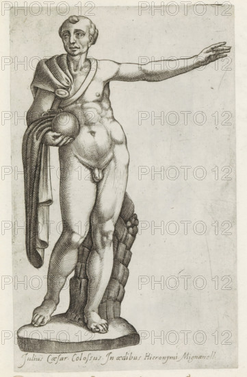 Sculpture of Julius Caesar, Sculptures from antiquity, print, album page, Caption in Latin. Print