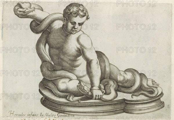 Sculpture of the young Hercules fighting two snakes, Sculptures from antiquity, print, album page,
