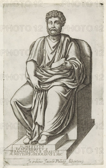 Sculpture by Marcus Mettius, Sculptures from antiquity, print, album page, Caption in Latin. Print