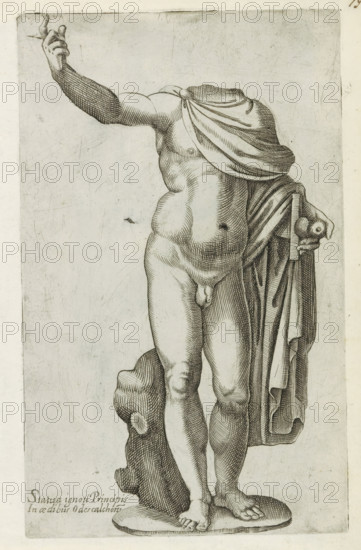 Sculpture of an unknown prince, Sculptures from antiquity, print, album page, headless. Caption in