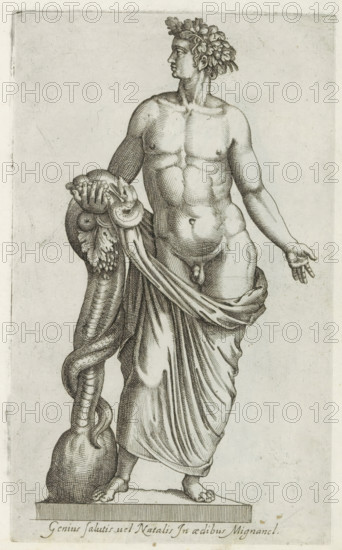 Sculpture of a nude figure with a snake, Sculptures from antiquity, print, album page, Caption in