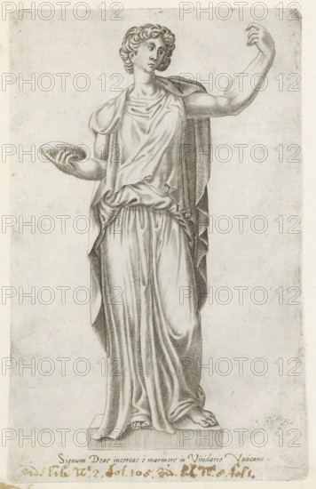 Sculpture of a goddess with a plate, Sculptures from antiquity, print, album page, Caption in Latin
