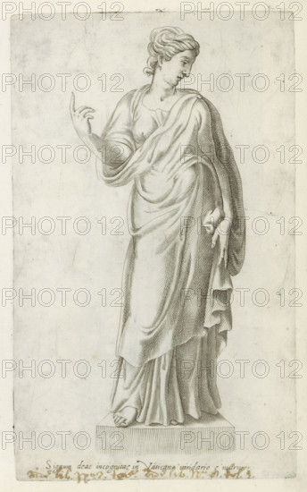 Sculpture of a goddess, Sculptures from antiquity, print, album page, Caption in Latin. Print is
