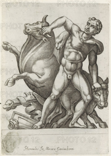 Sculpture of Hercules fighting the cattle of Geryon, Ancient sculptures, print, album page, Latin