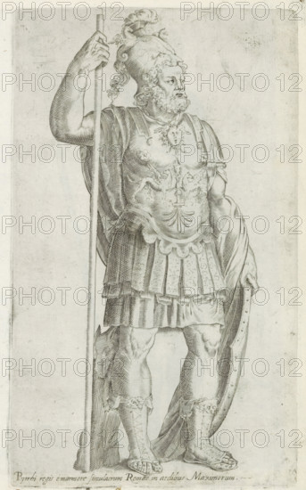 Sculpture of Pyrrhus of Epirus, Sculptures from antiquity, print, album page, Caption in Latin.