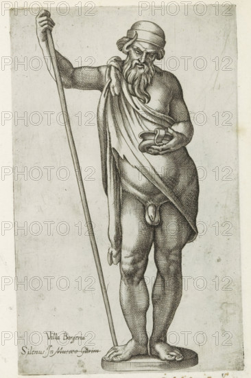 Sculpture of Silenus, Sculptures from antiquity, print, album page, Caption in Latin. Print is part
