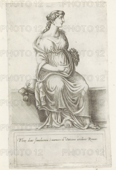 Sculpture of Flora, Sculptures from antiquity, print, album page, Caption in Latin. Print is part