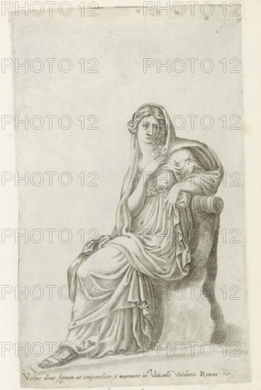 Sculpture of a Vestal Virgin, Sculptures from antiquity, print, album page, Caption in Latin. Print