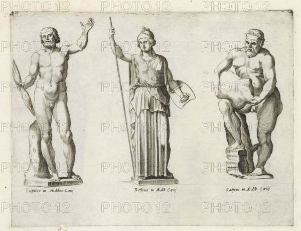 Sculptures of Jupiter, Bellona, and Silenus with a wineskin, Sculptures from antiquity, print,