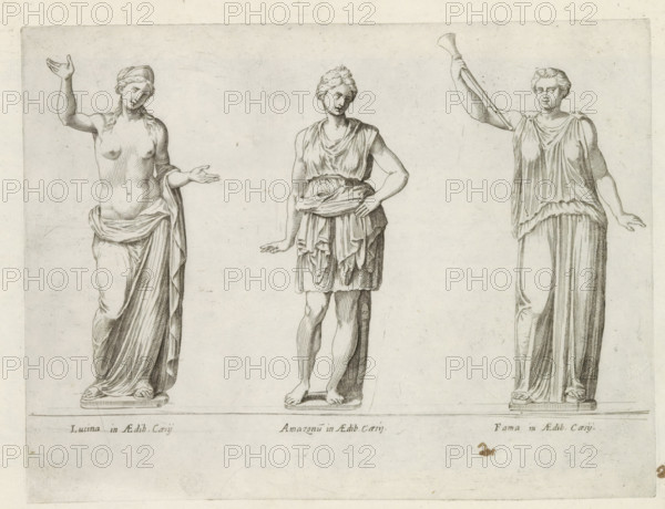 Sculptures of Lucina, an Amazon and Fame, Sculptures from antiquity, print, album page, Caption in
