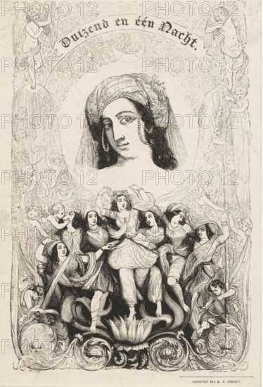 Title page for: Hendrik Frijlink, One Thousand and One Nights, 1848, Arab women, print, title page,