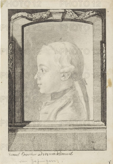 Unknown boy in profile, print, Portrait of a boy, in profile facing left. Drawn portrait within a