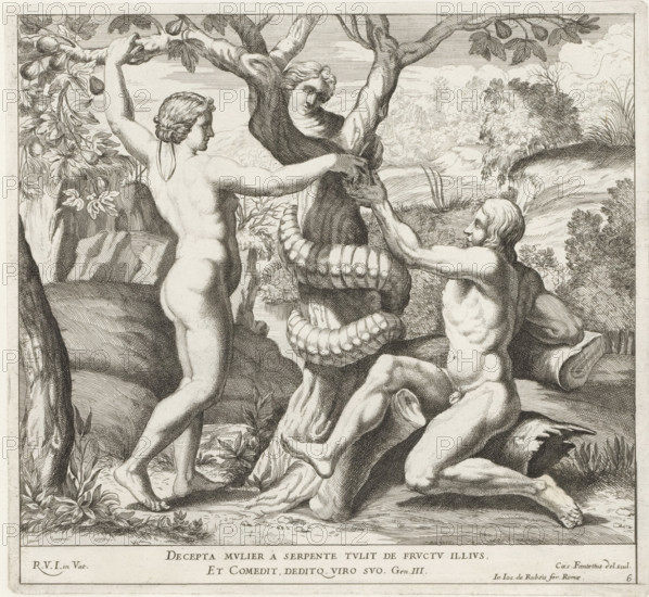 Adam and Eve eating the forbidden fruit, Raphael Bible, Imagines Veteris ac Novi Testamenti,