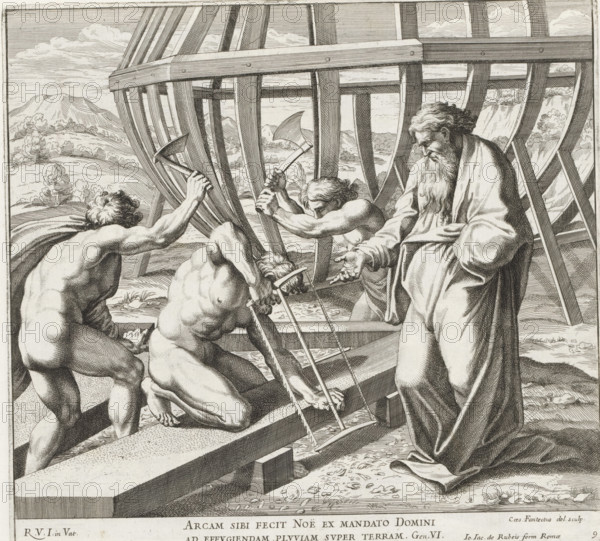 Noah building the ark, Imagines Veteris ac Novi Testamenti, Raphael Bible, Paintings in the Loggia