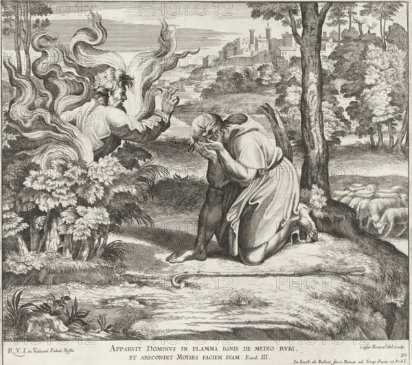 God appears to Moses in the burning bush, Raphael Bible, Imagines Veteris ac Novi Testamenti,