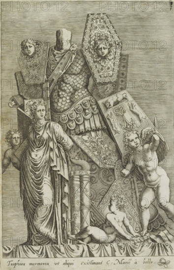 Tropoea marmorea ut aliqui existiman, Trophy of weapons, a female figure and angels, Antiquarum