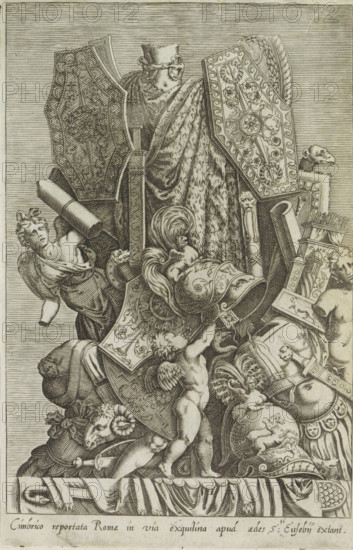 Trophy of weapons and sculptures, Cimbrico reportata Romae in via exquilina apud, Antiquarum