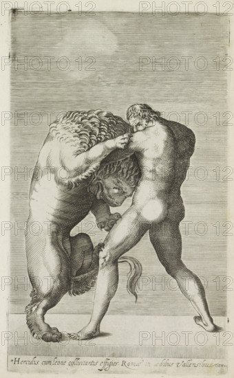 Sculpture of Hercules fighting the Nemean lion, Herculis cum leone colluitantis effigies Romae in