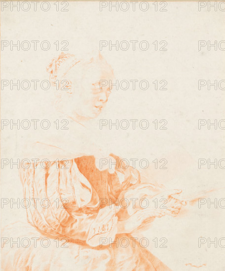 Keyboard player, print, A woman, dressed in a gown with slit sleeves, at the keyboard. Only the red