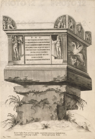 Tomb monument on the Via Cassia, Speculum Romanae Magnificentiae, print, album page, Roman tomb