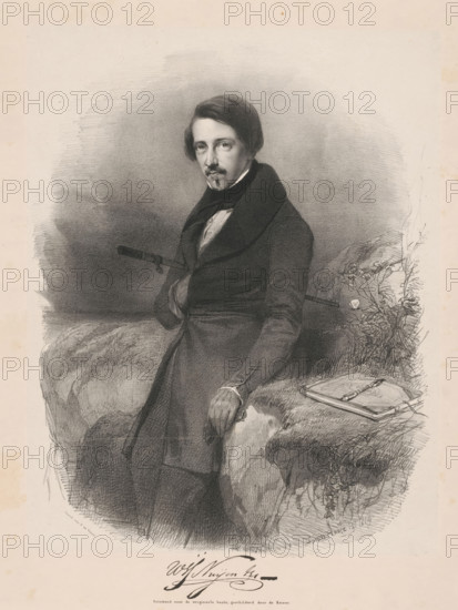 Portrait of Wijnand Nuijen, print, The sitter stands in the open air and leans against a rock.