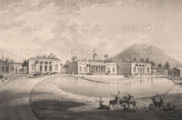View of the palace at Buitenzorg, Vue du palais de Buitenzorg. Ile de Java, Vues de Java, print,