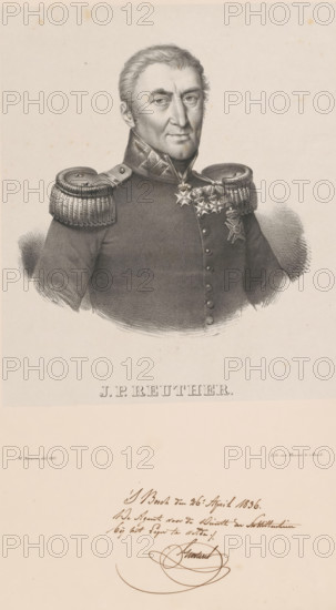 Portrait of Jan Pieter Reuther, print, The sitter wears a military uniform with epaulets and