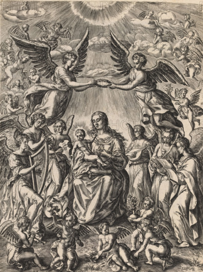 Enthroned Mary with the Christ Child, print, album page, Surrounded by musical angels. This print
