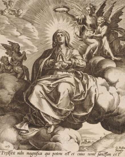 Coronation of Mary, print, album page, This print is part of an album., printmaker: Cornelis Cort,