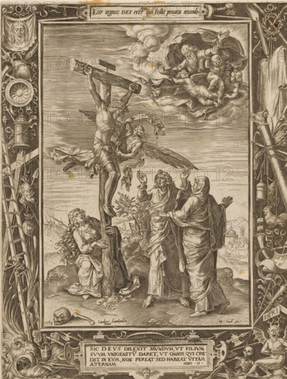 Crucifixion, print, album page, Christ hangs on the cross. An angel catches his blood in a chalice.