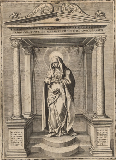 Maria, print, album page, Mary standing in a temple of four columns. This print is part of an album