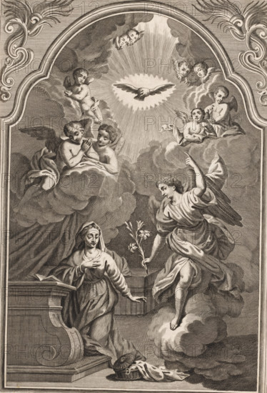 Annunciation, print, album page, This print is part of an album., c. 1600 - c. 1699, printmaker,