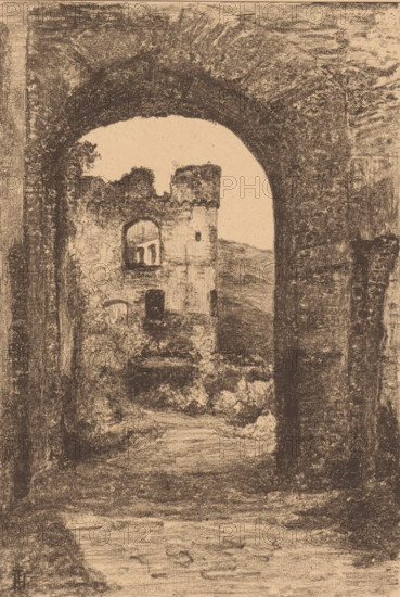 Rheinfels, View through a gate of the ruins of Rheinfels Castle, print, printmaker: Cornelia
