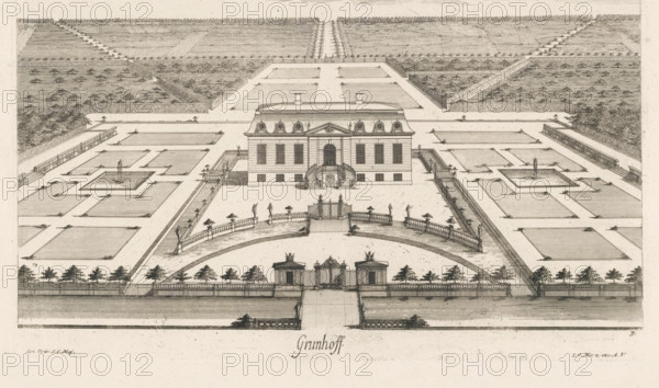 Grunhof, View of a country house, print, book illustration, possibly the former Schloss Grünhoff