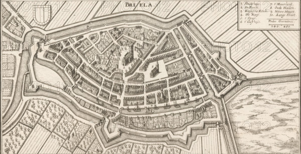Map of Brielle, Briela, area plan, print, Top left the city coat of arms, top right a legend with