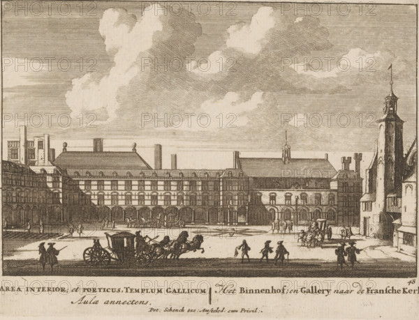 View of the Binnenhof in The Hague, Area interior, et porticus, templum Gallicum Aula annectens,