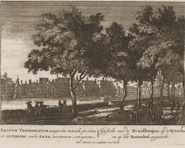 View of the Vijverberg and the Hofvijver, Arcuum Triumphalum, nuper in tumulo piscinae et exteriore