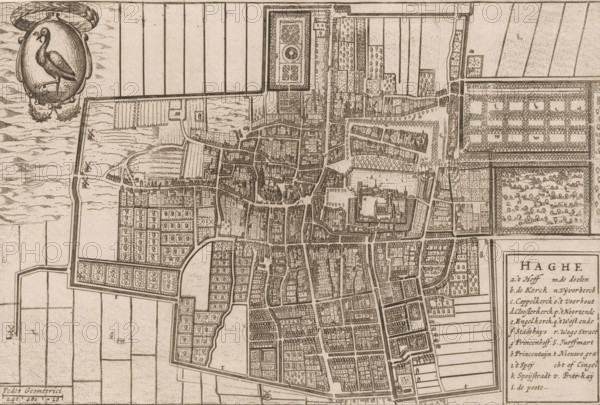Haghe, Map of The Hague, area plan, print, 1650 - 1700, printmaker, paper, etching, height 151 mm x