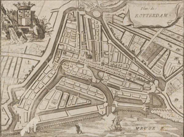 Map of Rotterdam, Plan de Rotterdam, area plan, print, 1650 - 1700, printmaker, paper, etching,