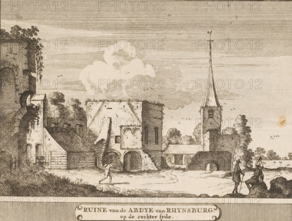 Ruins of Rhynsburg Abbey, on the right side, View of the ruins of Rijnsburg Abbey, print, book