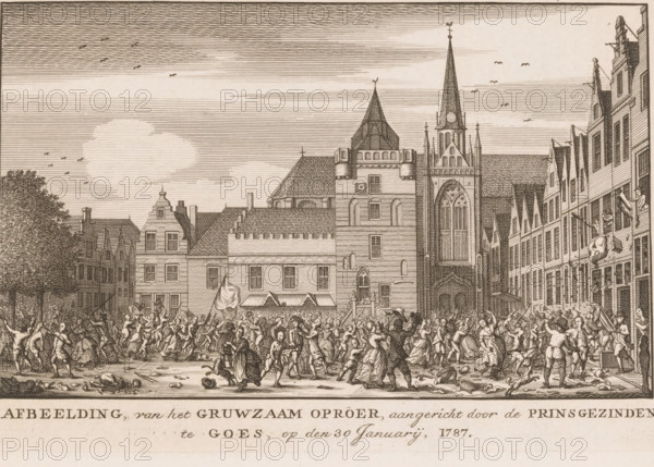 Riot by Orangists on the market square in Goes, 1787, Image, of the Gruesome Uprising, instigated