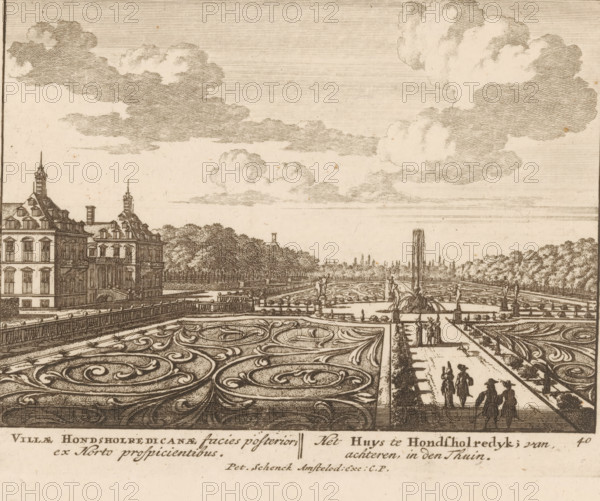 Villae Hondsholredicanae facies posterior, ex horto prospicientibus, Het huys te Hondsholredyk, van