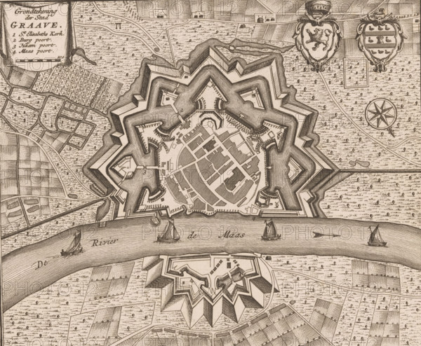 Map of Grave, Ground plan of the city of Graave, area plan, print, book illustration, publisher: