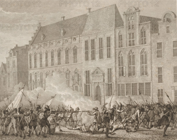 Street fighting in Nijmegen, 1703, print, book illustration, Street fighting following the change