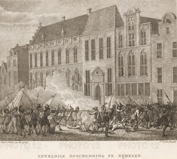 Great commotion in Nijmegen, Street fighting in Nijmegen, 1703, print, book illustration, Street