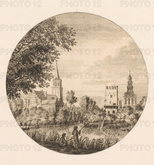 View of Culemborg with the St. John's Church and the inner gate, print, Round print with the now